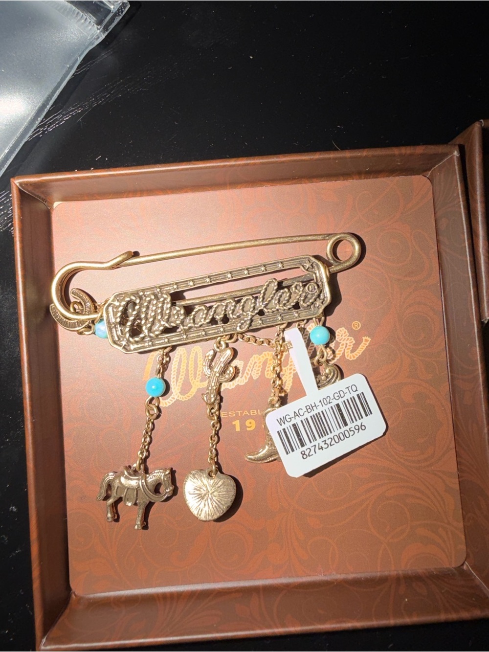 Wrangler Gold-Tone Pin Brooch with Turquoise Beads and Charms